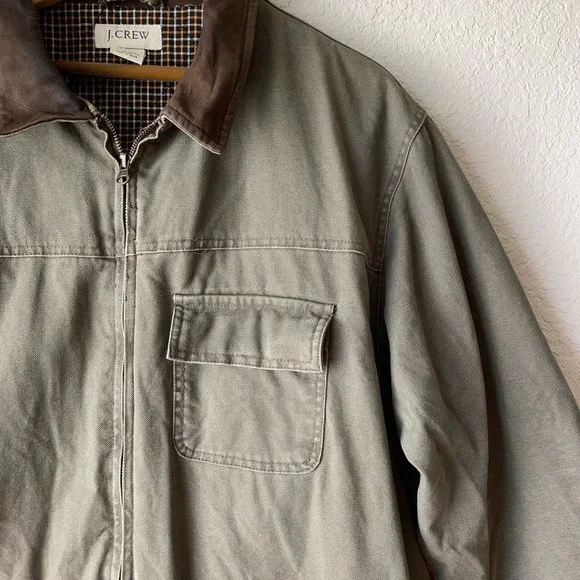 J. CREW Men's Canvas Full Zip Jacket Brown Genuine Leather Collar - Picture 2 of 9